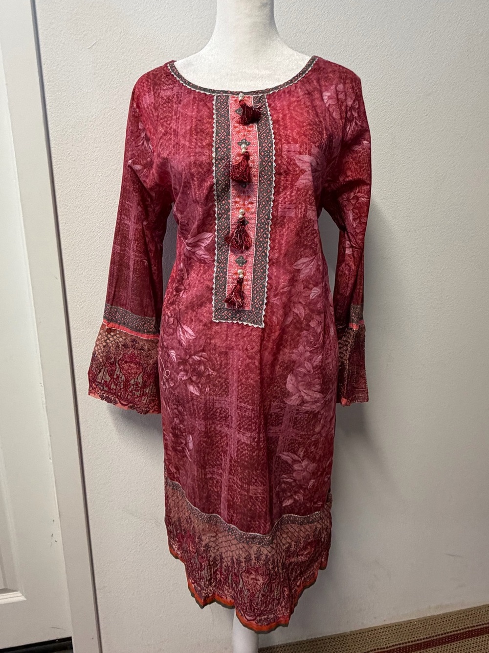 Bonanza Satrangi Pret Maroon Floral Pakistani Kurta Size 14